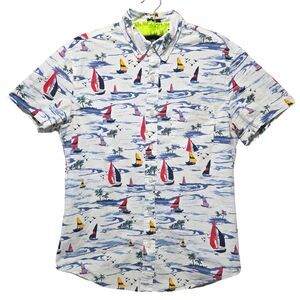 J. Crew Flex Washed Short Sleeve Button Down Sailboats Nautical Shirt Medium